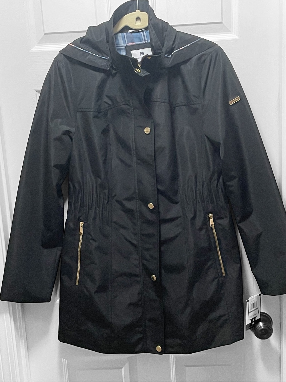 Laundry By Design Shelli Segal Black Hooded Trench/Raincoat with Gold Hardware